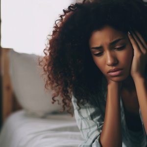 A depressed woman contemplating treatment.
