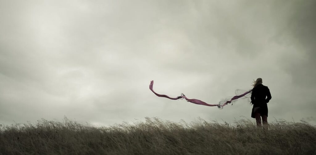 a person with a long blowing scarf stands in a field