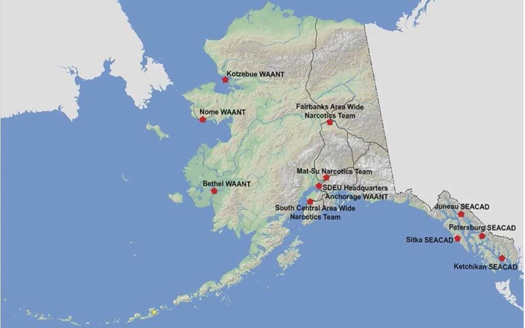 a map of alaska with dots on large city areas