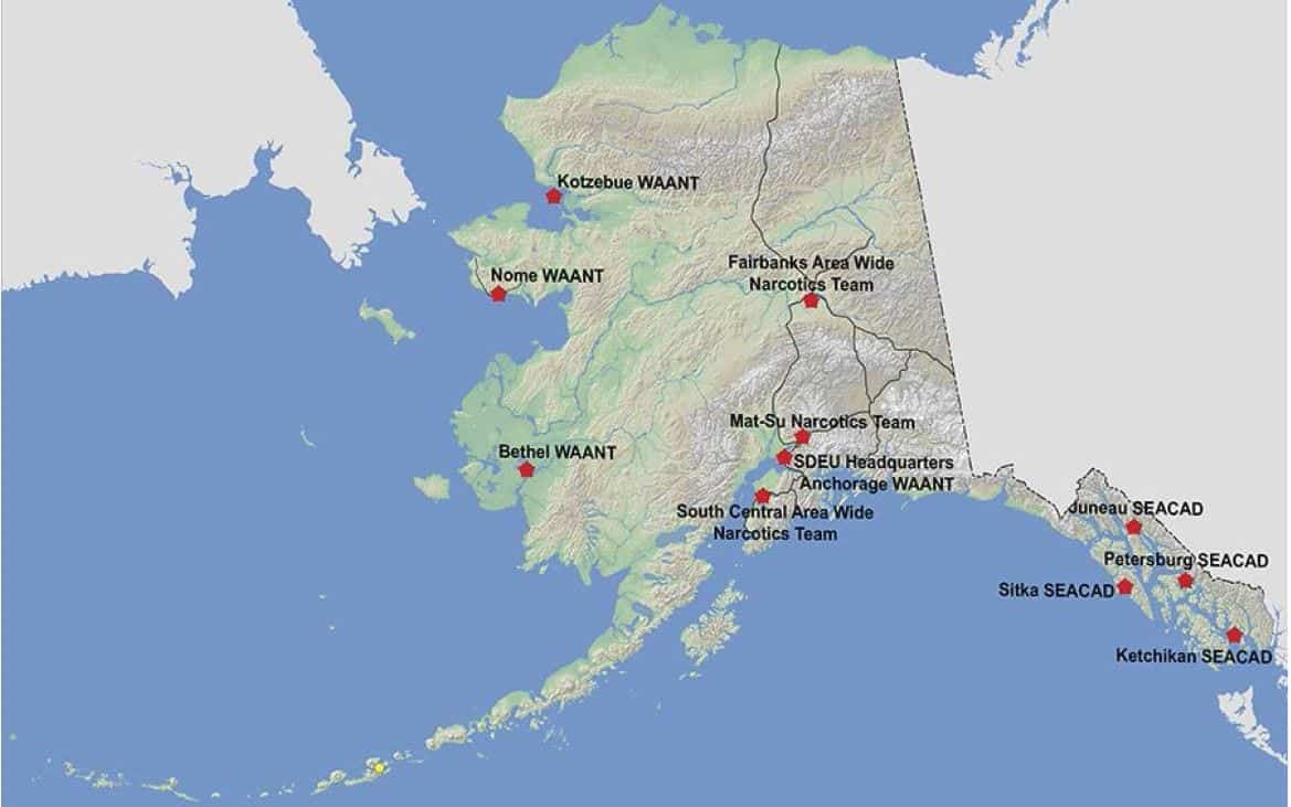 a map of alaska with dots on large city areas