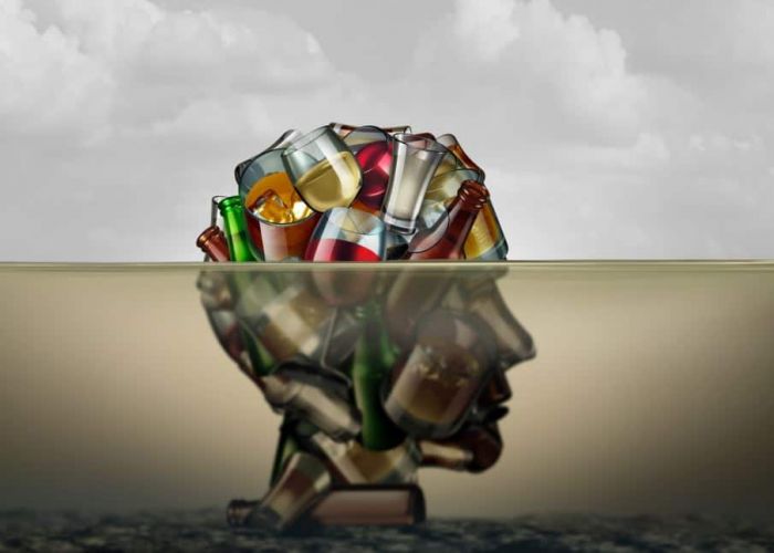 an artful image of a human head made of alcohol bottles that is partially below water