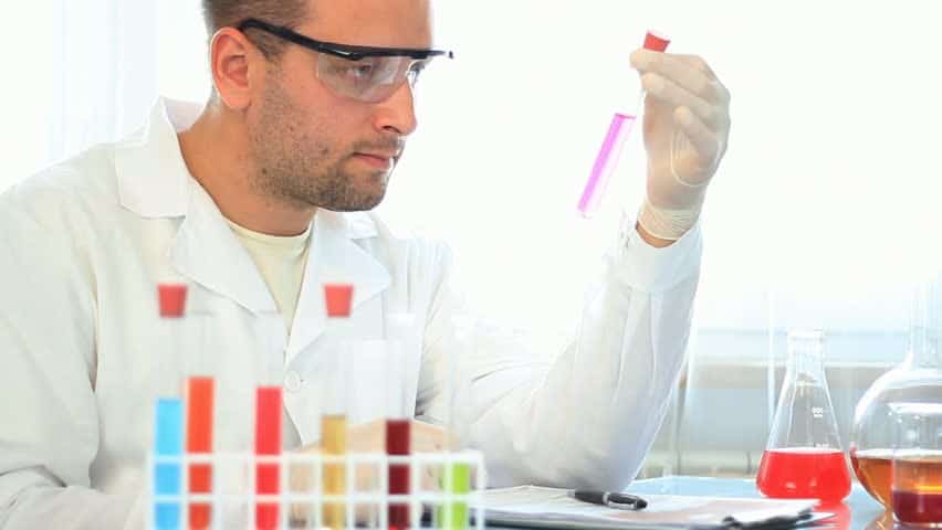 a scientist looks at a sample in a test tube