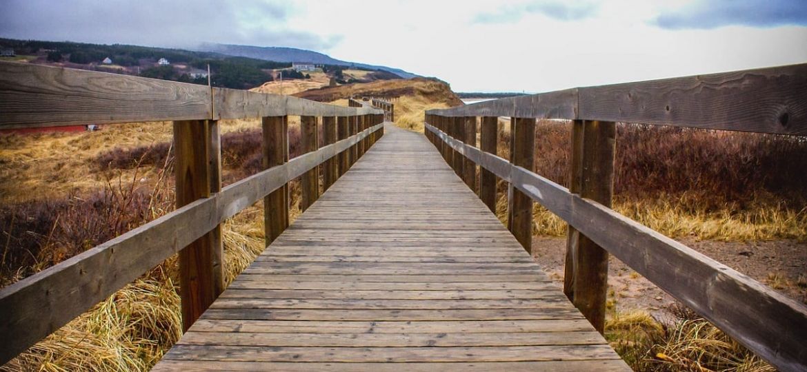 a boardwalk near mountains
