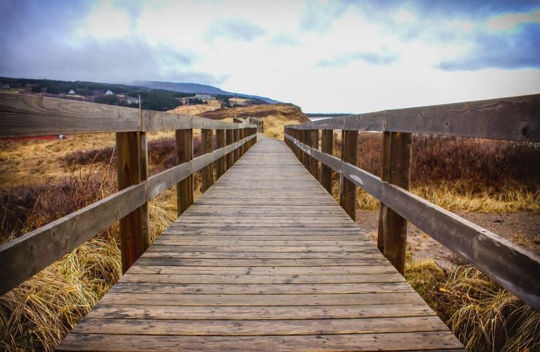 a boardwalk near mountains