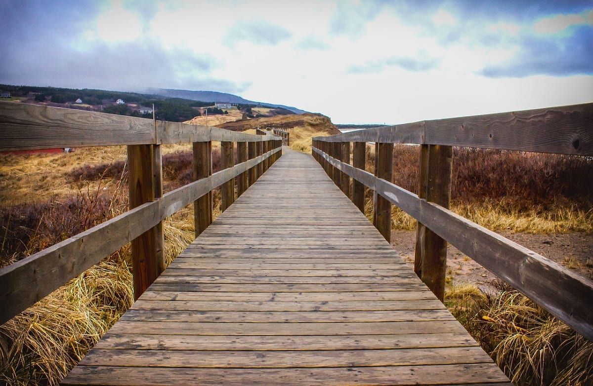 a boardwalk near mountains