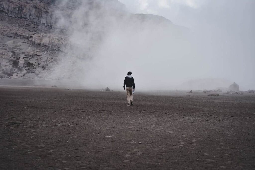 a person walks on a foggy beach