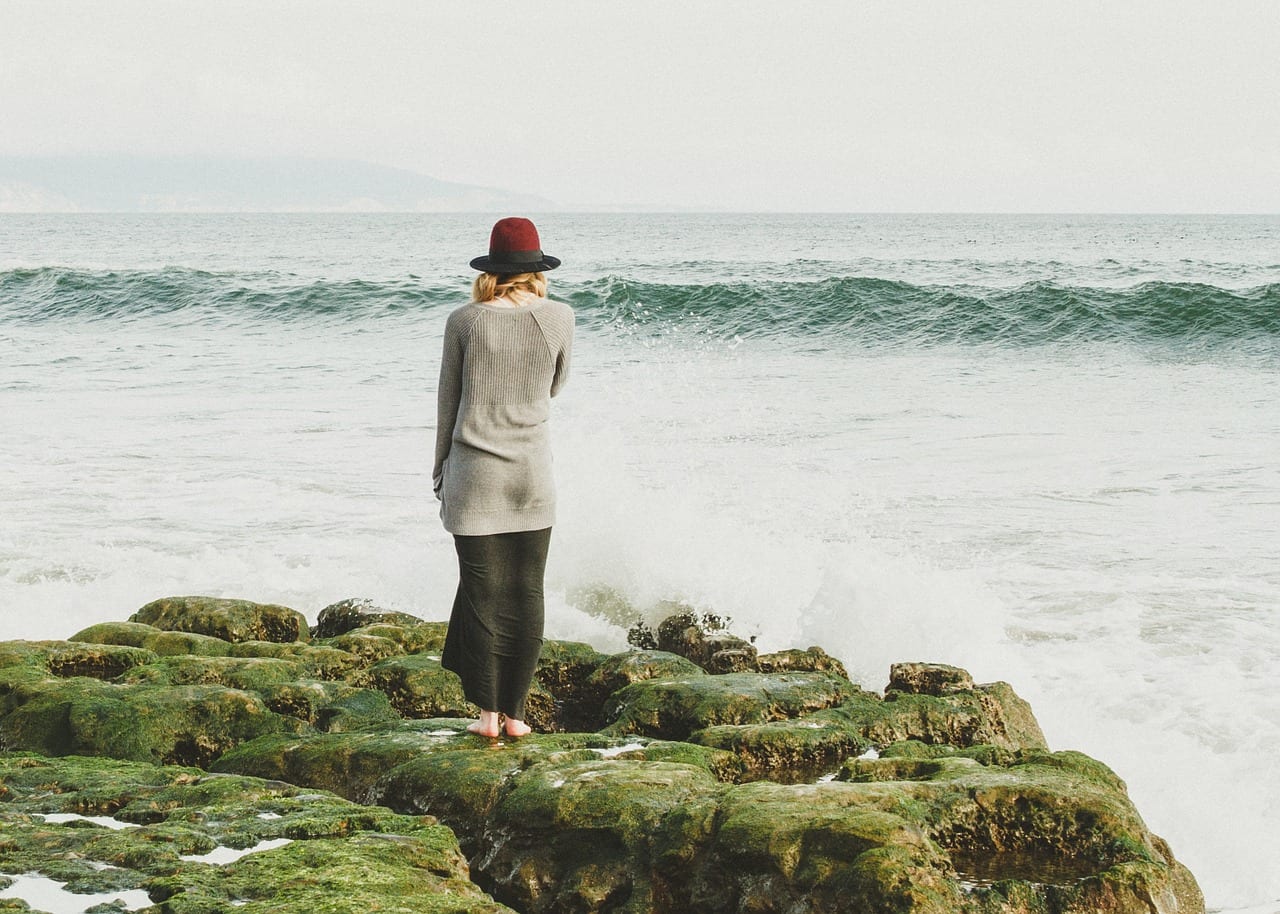 a person stands on a rock looking at the ocean