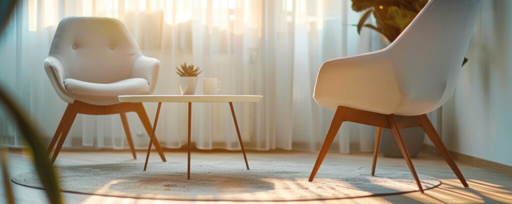 Two chairs in psychotherapy room, modern office, nice interior, pastel calm colors, professional photo, interior photo, sharp focus