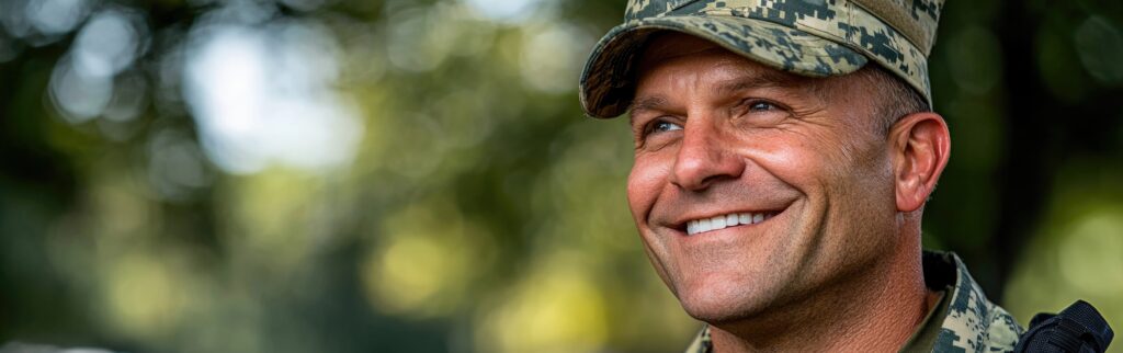 A military officer in a camouflage uniform smiles warmly while engaging in a social gathering outdoors.