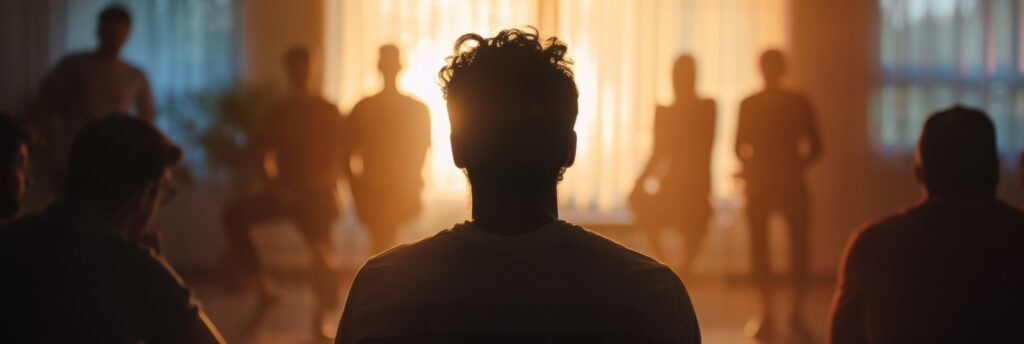 A young man is sitting in the center of his group therapy session