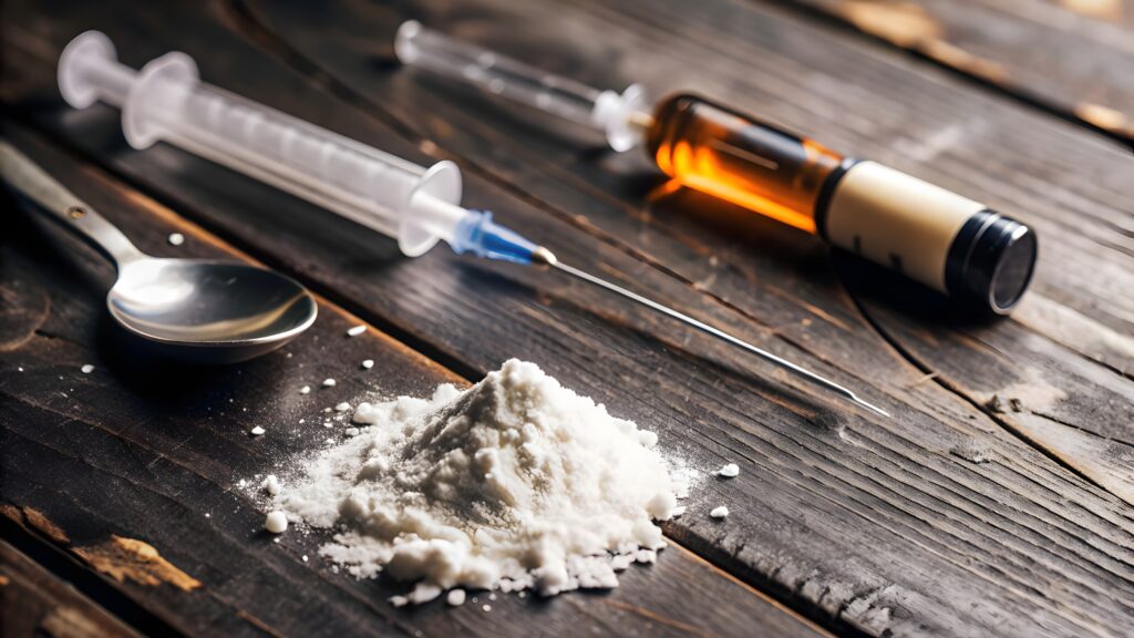 Crack cocaine paraphernalia on a wooden surface, including a syringe, spoon and powder.